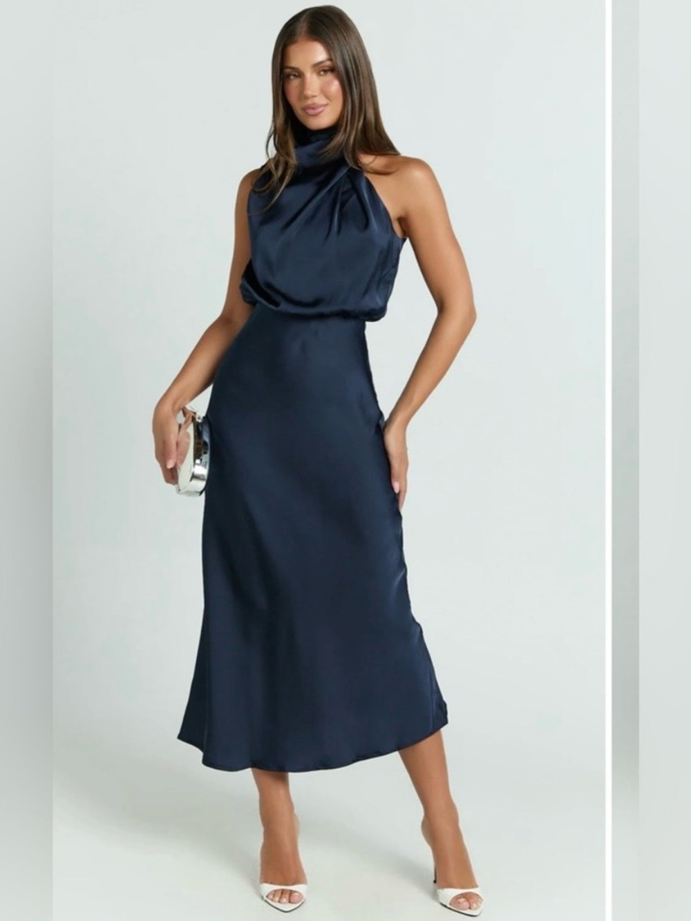 Showpo Midnight Navy Satin Midi high neck halter Wedding guest/event dress